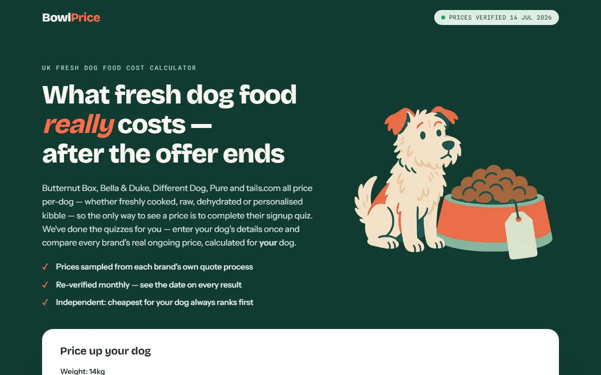 Screenshot of the BowlPrice website