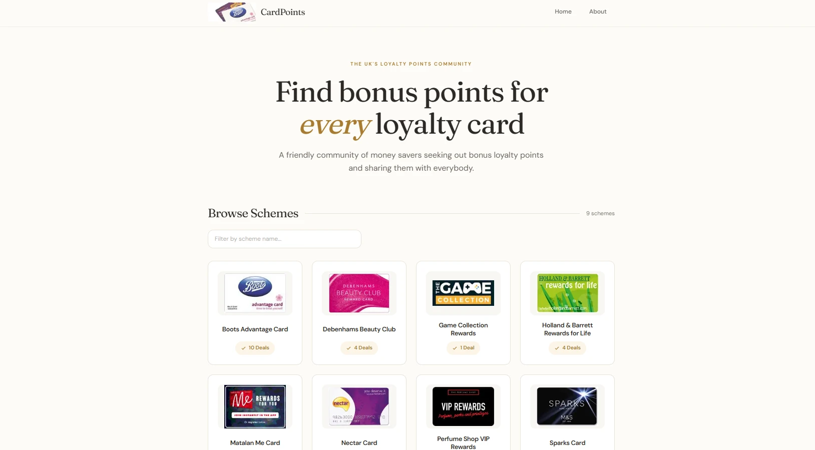 Screenshot of the Card Points website