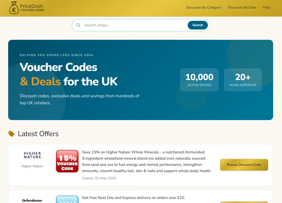 Screenshot of the PriceDash website